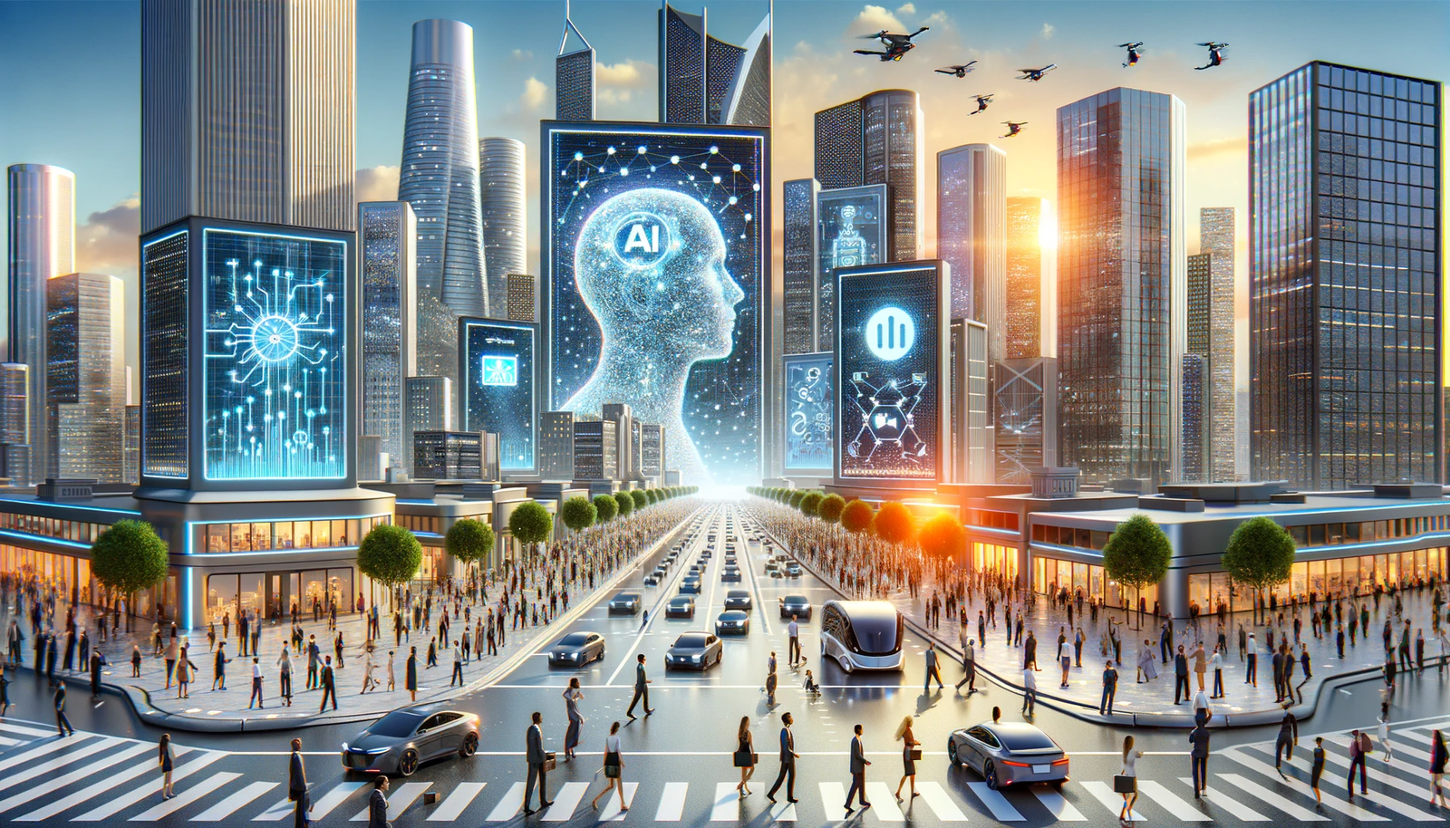 DALL·E 2024-01-01 17.32.35 - A futuristic cityscape representing the concept of 'La Révolution Schumpétérienne de l’IA'. Skyscrapers adorned with digital screens displaying AI alg